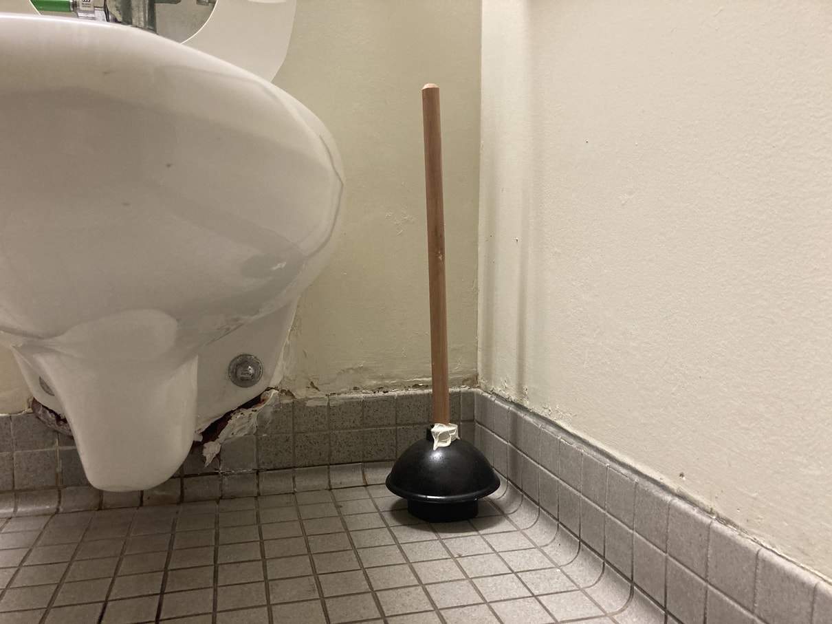 Plunger next to toilet in stall.