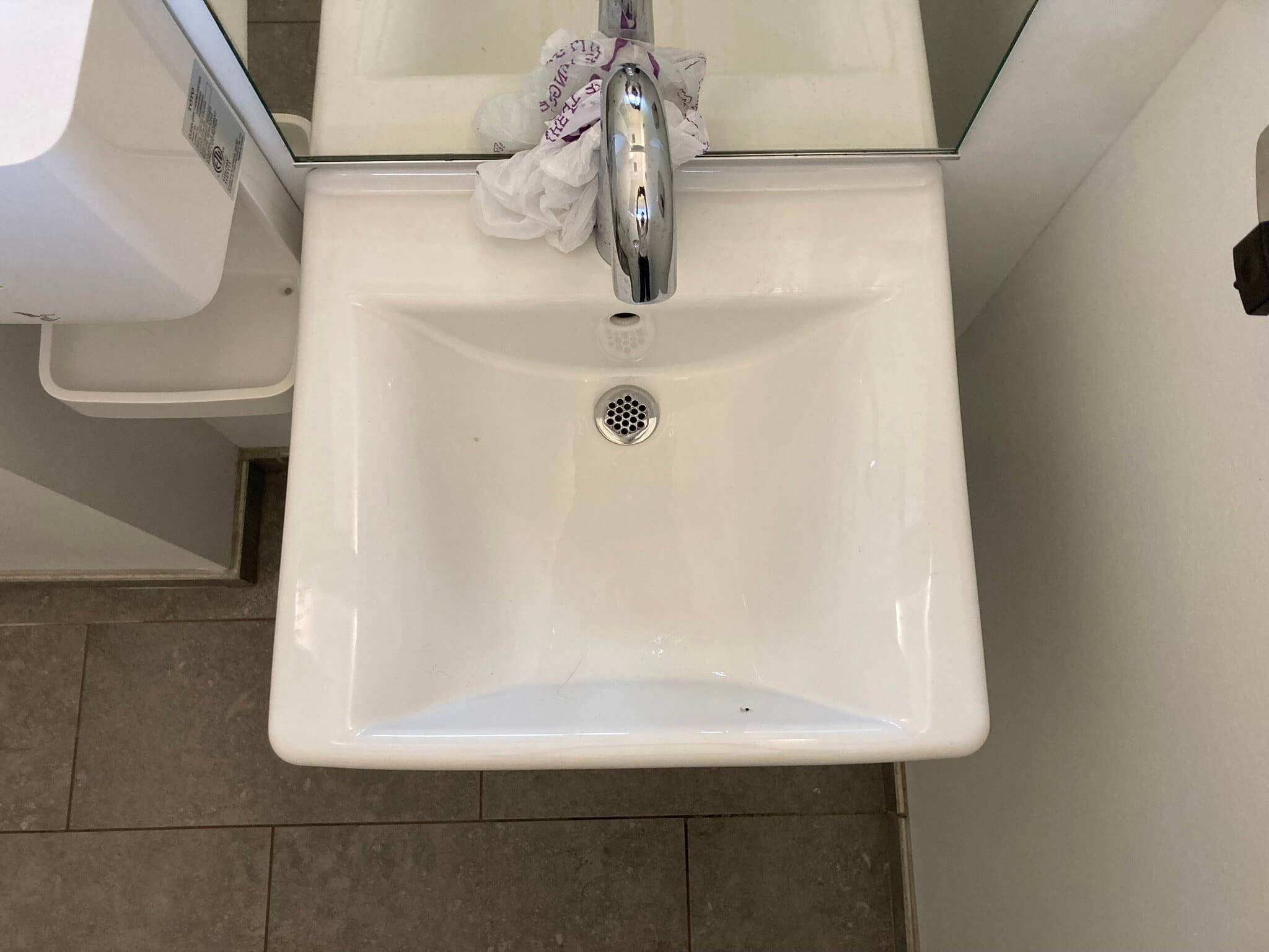 A topdown view of a bathroom sink.