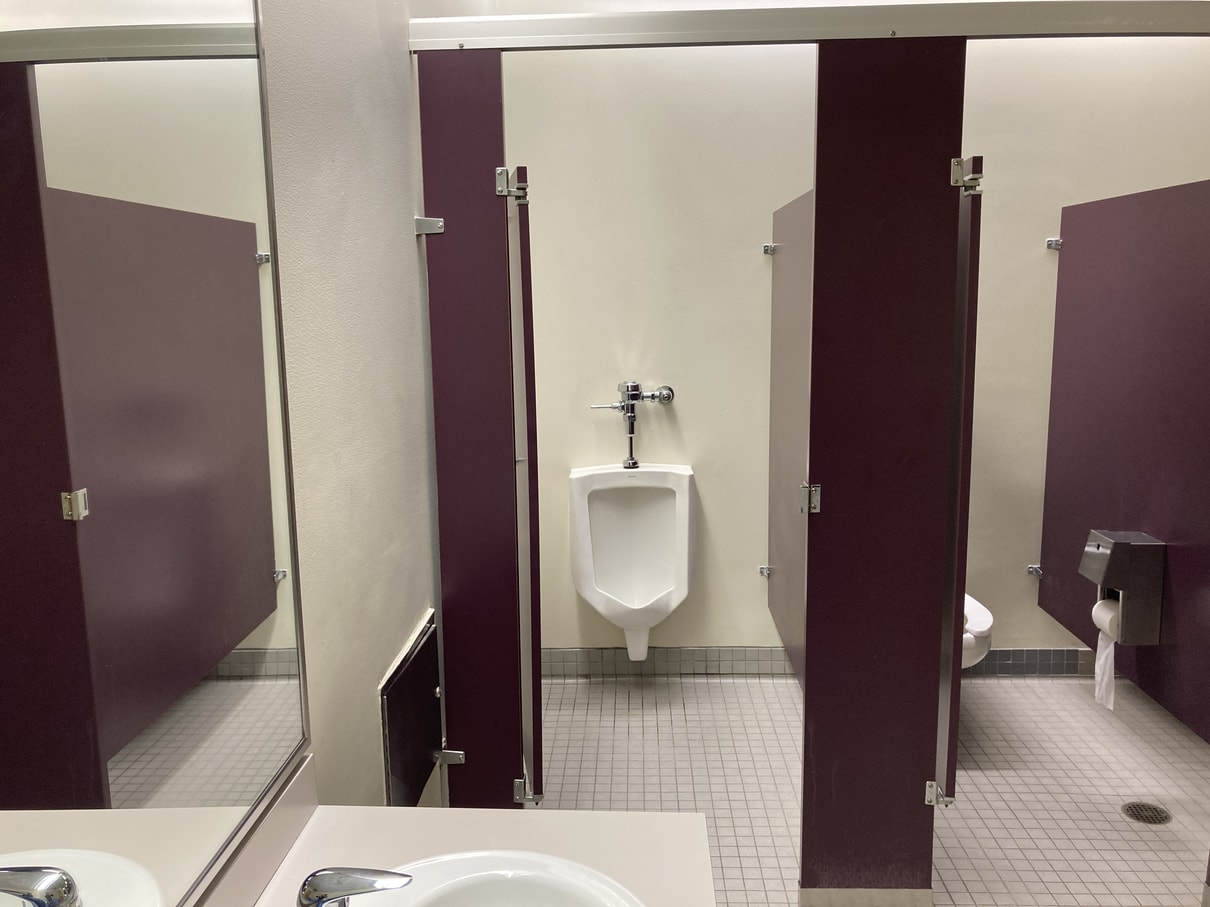 Urinal inside of a stall usually reserved for a toilet.